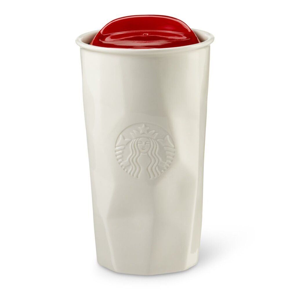 Starbucks 2013 White Ice Faceted Ceramic Travel Mug Red Lid 10oz